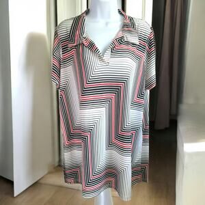 Womens Fashion Bug Vintage Polo Style V Neck Shirt Red Black & White Zig Zag